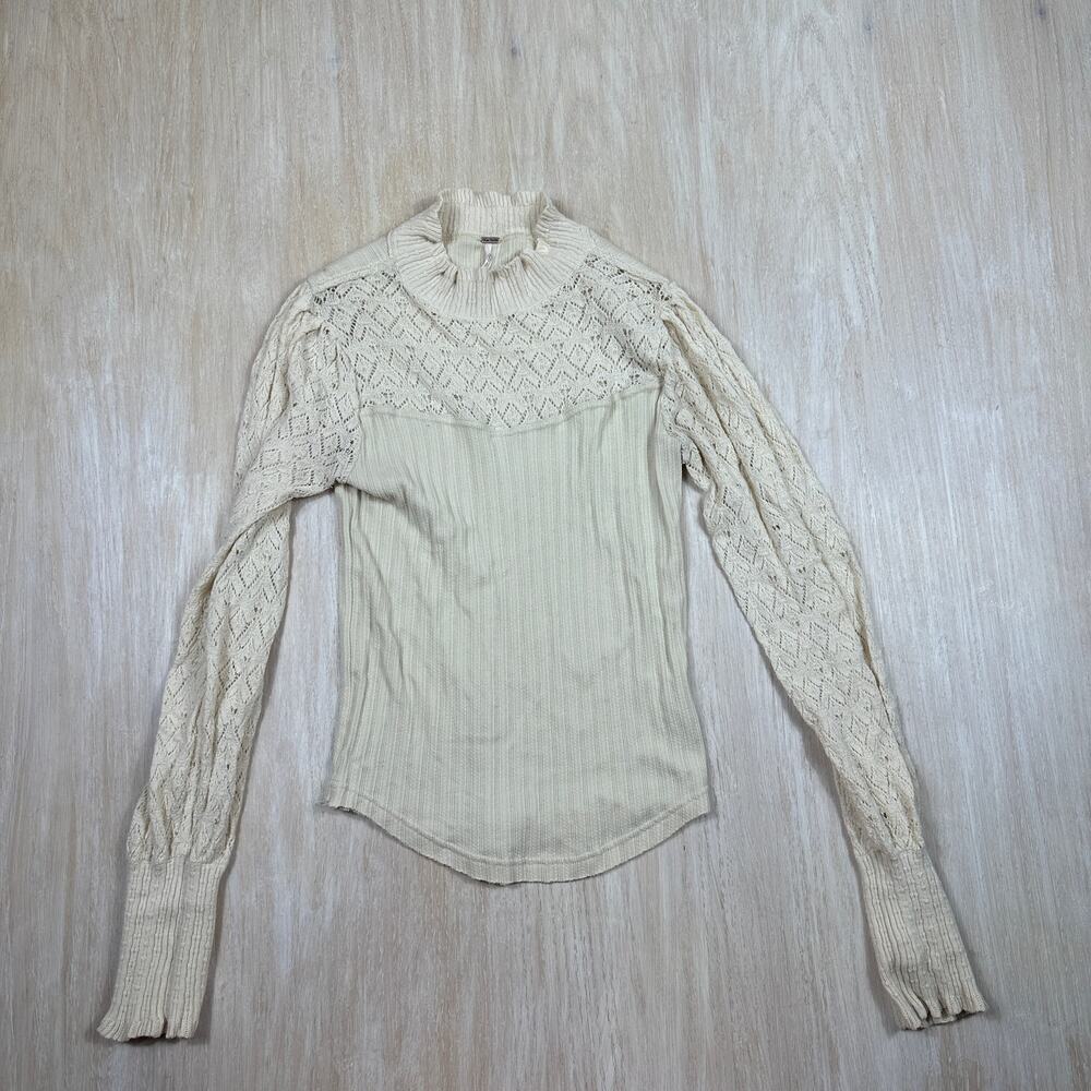 Madewell Cream Lace Sleeve Mock Neck Ribbed Knit Top Romantic Cottagecore XS